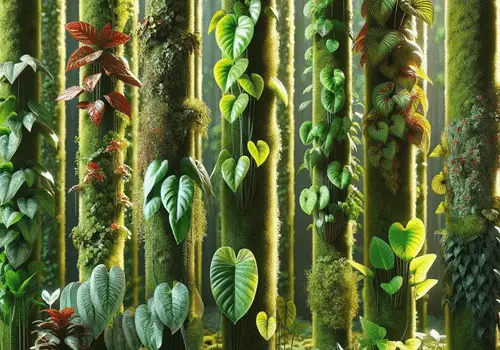 Which philodendron varieties grow on moss poles? 